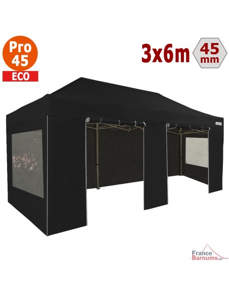 Barnum pliant - Tente pliante Alu Pro 45 ECO 3mx6m NOIR avec Pack Fenêtres