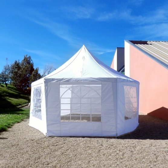 Tente de réception OCTOGONALE ECO en Polyester de 6m x 4m avec Tubes de 34mm et de 0,8mm d'épaisseur Tente de réception OCTOGONALE ECO en Polyester de 6m x 4m avec Tubes de 34mm et de 0,8mm d'épaisseur