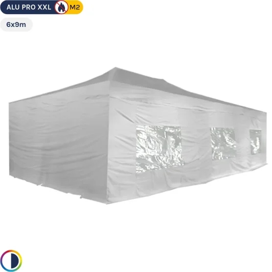 Tente Pliante 6mx9m 54m² Blanc Alu Pro Structure Ø55mm et Pack Fenêtres 380g/m² Norme M2