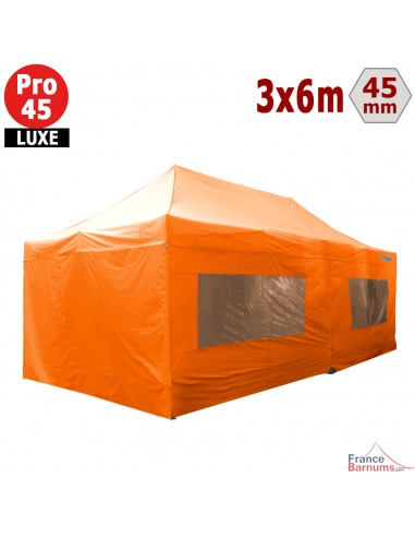 Barnum pliant - Tente pliante Alu Pro 45 LUXE 3mx6m ORANGE + Pack Fenêtres 380gr/m²