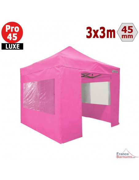 Barnum pliant - Tente pliante Alu Pro 45 LUXE M2 3mx3m ROSE + Pack Fenêtres 380gr/m²