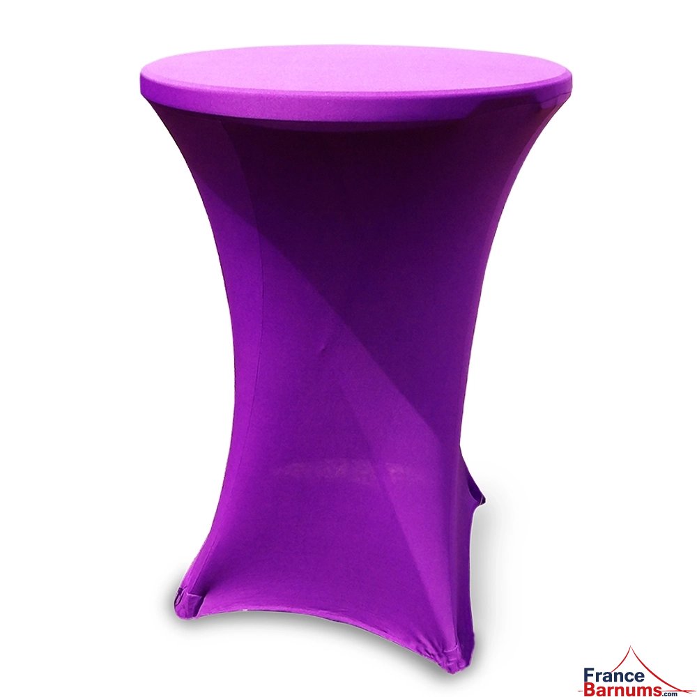 Housse violette en stretch pour table haute mange-debout