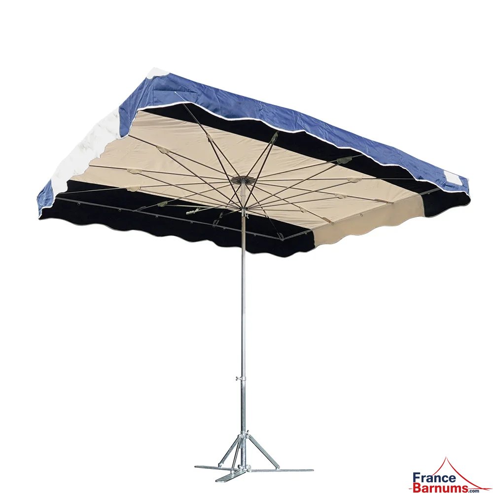 Parasol de marché télescopique 3,5mx3m BLEU MARINE et BEIGE avec pied lourd Parasol de marché télescopique 3,5mx3m BLEU MARINE et BEIGE avec pied lourd