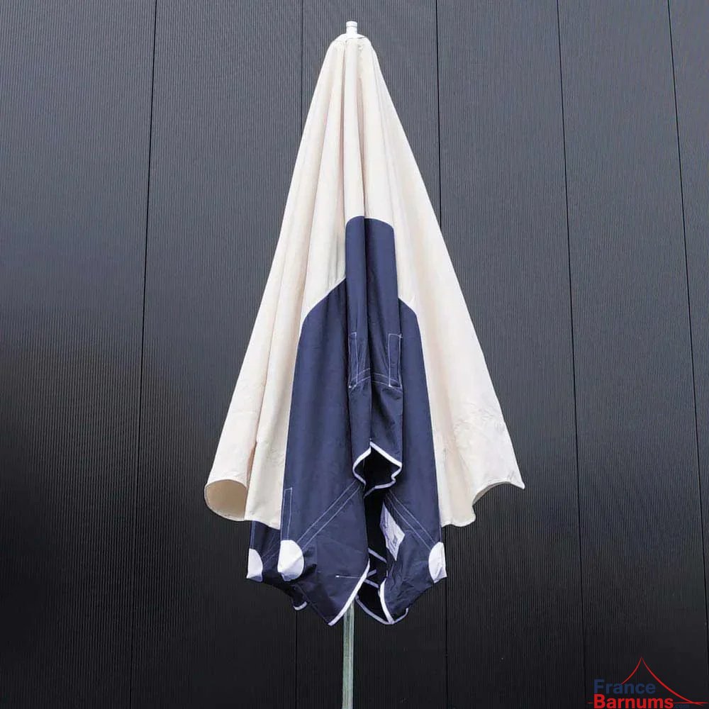 Parasol forain télescopique 300x300cm BLEU MARINE et BEIGE plié Parasol forain télescopique 300x300cm BLEU MARINE et BEIGE plié