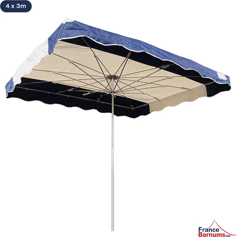 Parasol de marché télescopique 4mx3m bicolore BLEU MARINE et BEIGE