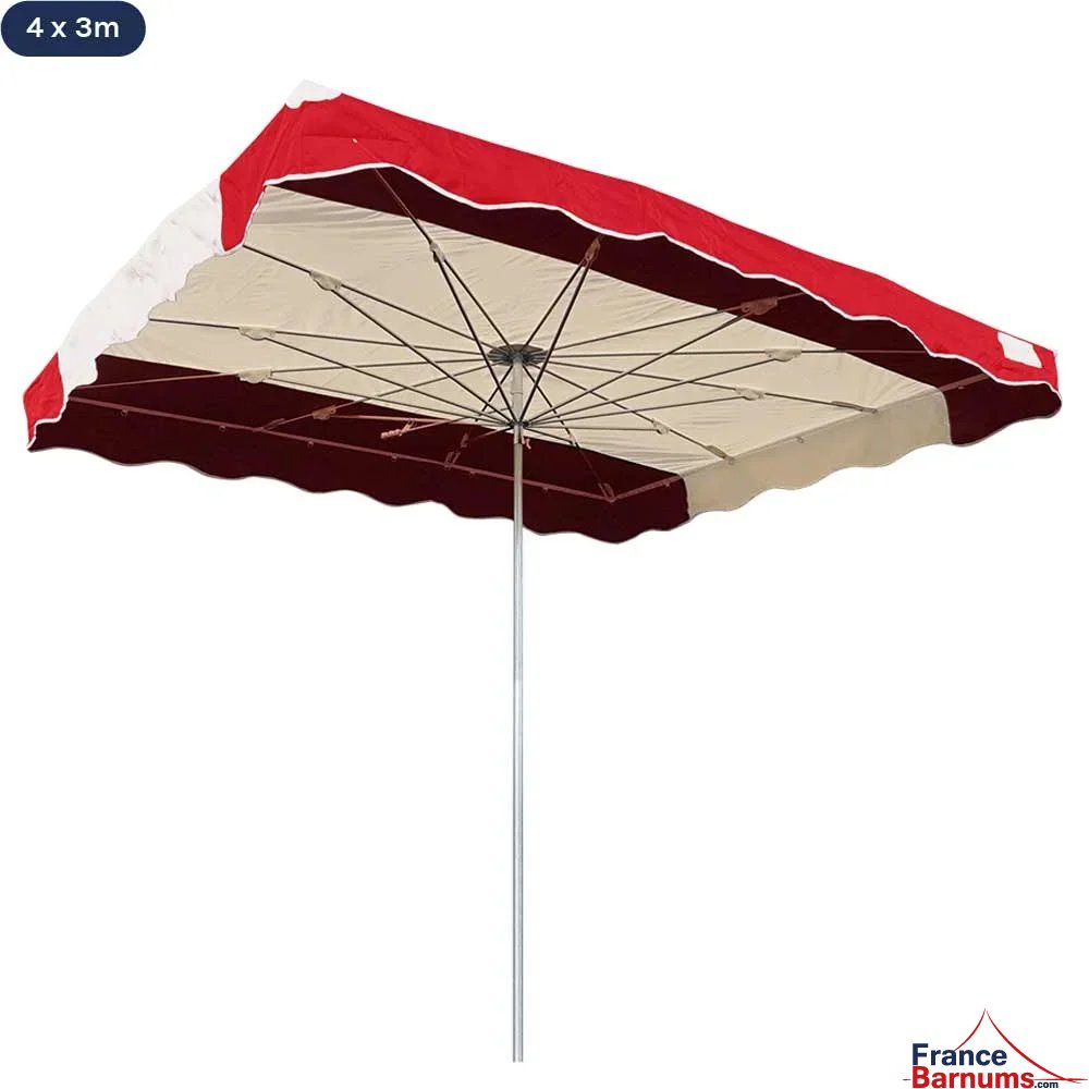 Parasol de marché télescopique 4mx3m bicolore ROUGE et BEIGE