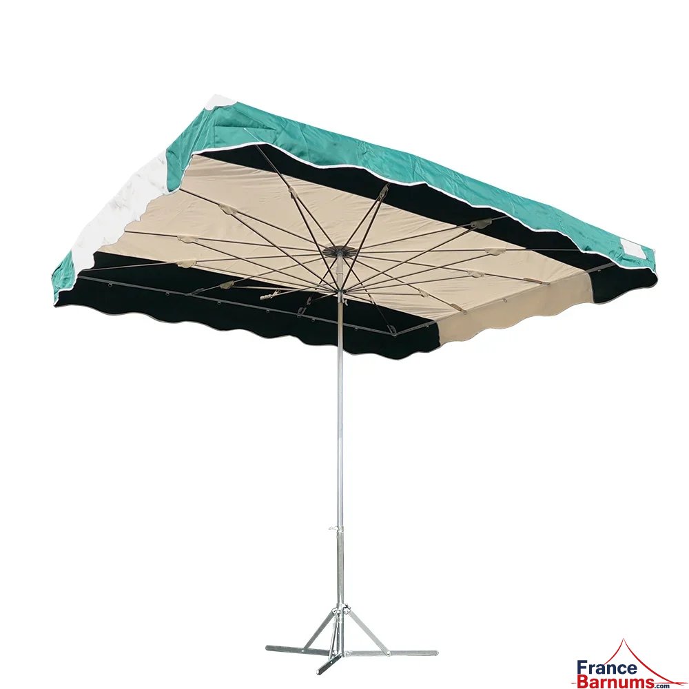 Parasol de marché télescopique 4mx3m bicolore VERT et BEIGE avec pied standard Parasol de marché télescopique 4mx3m bicolore VERT et BEIGE avec pied standard