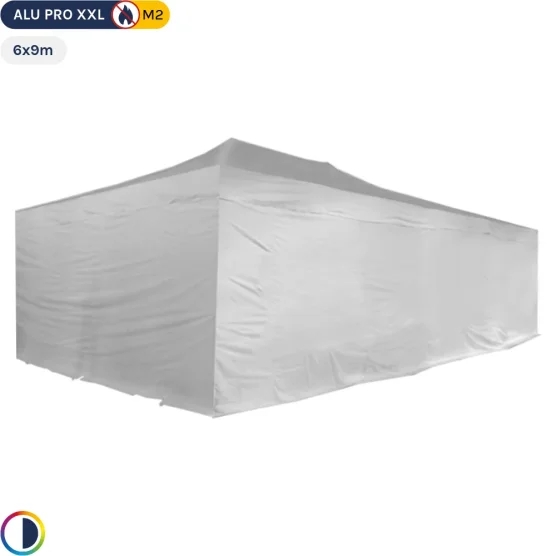 Tente Pliante 6mx9m 54m² Blanc Alu Pro Structure Ø55mm et Pack Fenêtres 380g/m² Norme M2