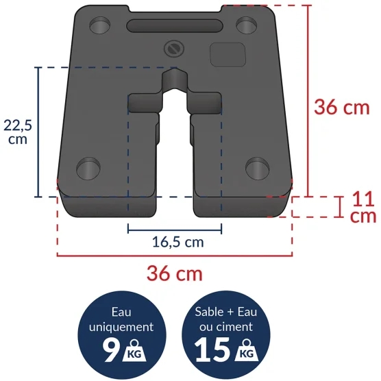 Dimensions et récapitulatif pour lest à remplir 15kg