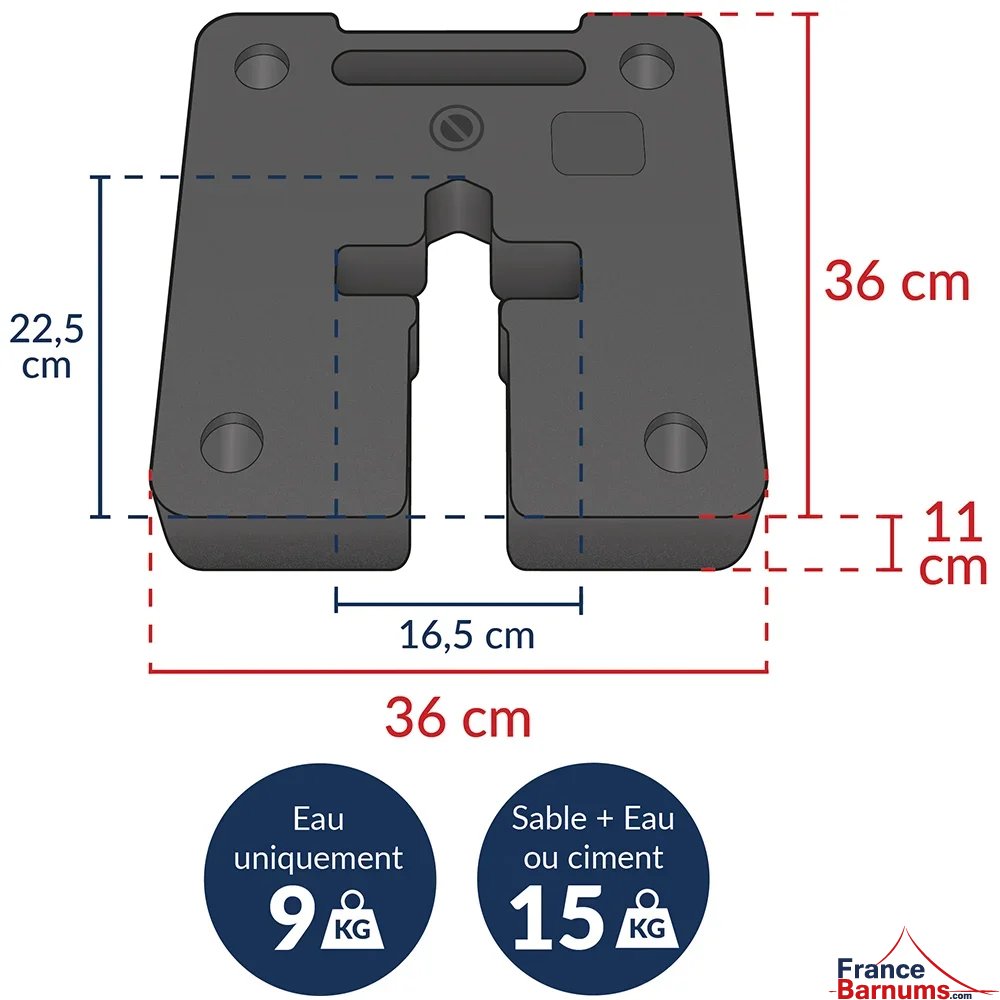 Dimensions et récapitulatif pour lest à remplir 15kg
