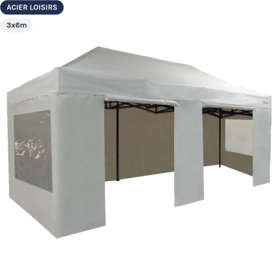 Tente Pliante - Abri pliable Acier Loisirs 3mx6m BLANC avec Pack Fenêtres