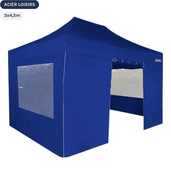 Tente Pliante - Abri pliable Acier Loisirs 3mx4,5m BLEU avec Pack Fenêtres