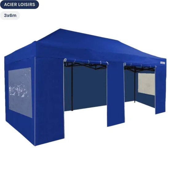 Tente Pliante - Abri pliable Acier Loisirs 3mx6m BLEU avec Pack Fenêtres