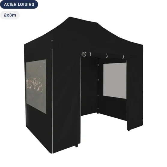 Tente pliante - Abri pliable Acier Loisirs 2mx3m NOIR avec Pack Fenêtres