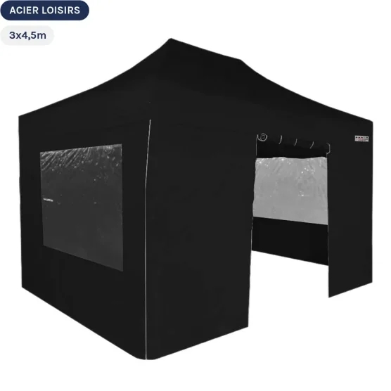 Tente Pliante - Abri pliable Acier Loisirs 3mx4,5m NOIR avec Pack Fenêtres