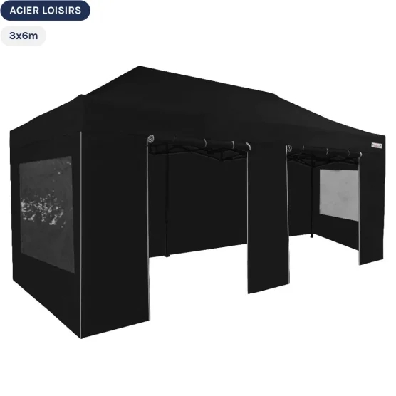 Tente Pliante Abri pliable Acier Loisirs 3mx6m NOIR avec Pack Fenêtres