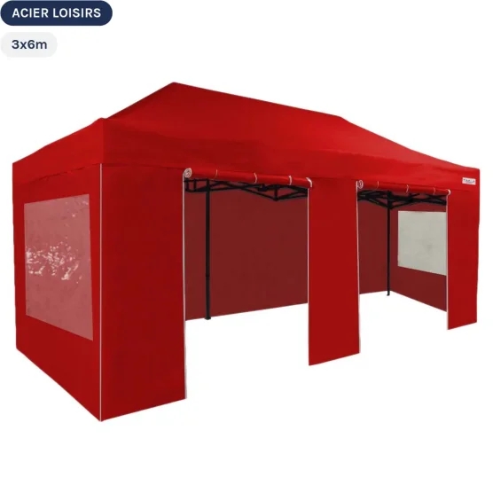 Tente Pliante - Abri pliable Acier Loisirs 3mx6m ROUGE avec Pack Fenêtres