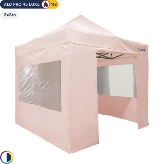 Tente pliante rose poudré pro en alu 3x3m + Pack 4 murs avec 2 fenêtres ignifugé M2 Tente pliante rose poudré pro en alu 3x3m + Pack 4 murs avec 2 fenêtres ignifugé M2