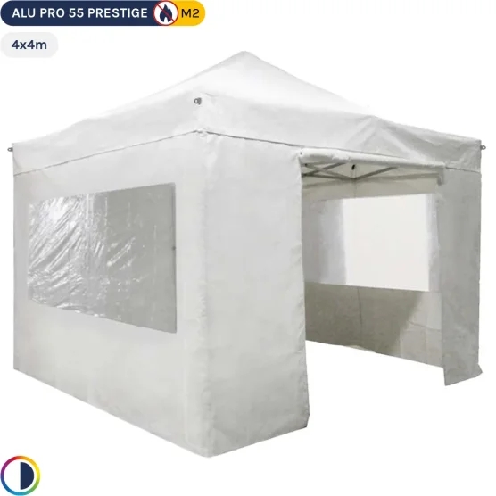 Tente Pliante Alu Pro 55 PRESTIGE M2 4mx4m BLANC avec Pack Fenêtres PVC 580g/m²