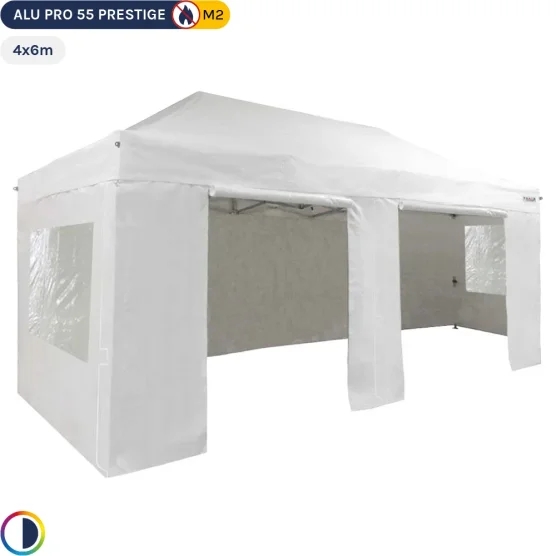 Tente Pliante Alu Pro 55 PRESTIGE M2 4mx6m BLANC (4 pieds) avec Pack Fenêtres PVC 580g/m²