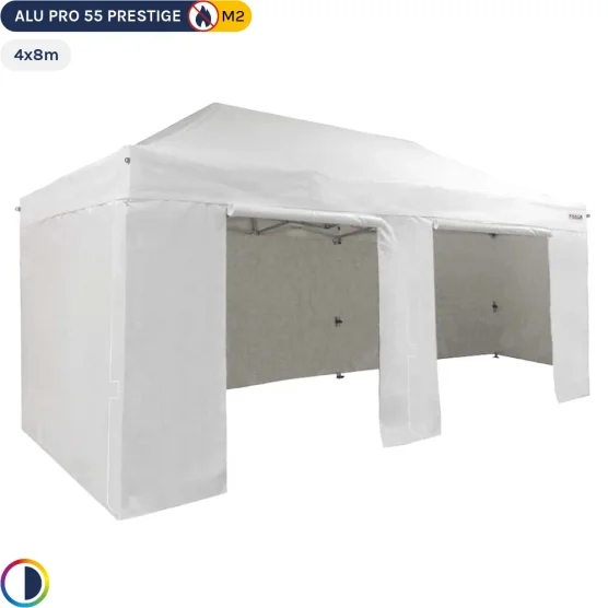 Tente Pliante Alu Pro 55 PRESTIGE M2 4mx8m BLANC avec Pack Côtés PVC 580g/m²