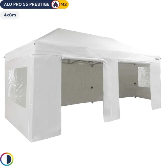 Tente Pliante Alu Pro 55 PRESTIGE M2 4mx8m BLANC avec Pack Fenêtres PVC 580g/m²
