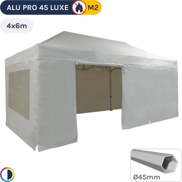 Barnum pliant - Tente pliante Alu Pro 45 LUXE M2 4mx6m BLANC + Pack Fenêtres 380gr/m²