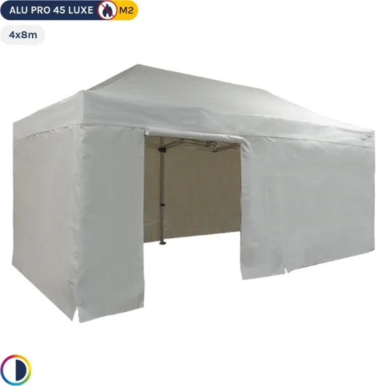Tente pliante - Stand pliant Alu Pro 45 LUXE M2 4mx8m BLANC + Pack Côtés 380gr/m² Tente pliante - Stand pliant Alu Pro 45 LUXE M2 4mx8m BLANC + Pack Côtés 380gr/m²