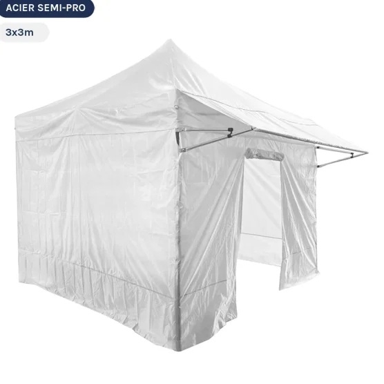Tente Pliante Tonnelle Acier Semi Pro 3mx3m BLANC avec Pack 4 Côtés et Casquette amovible