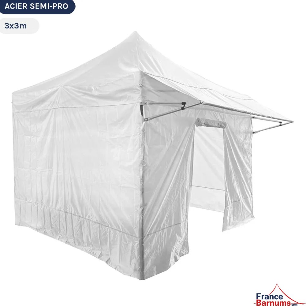 Tente Pliante Tonnelle Acier Semi Pro 3mx3m BLANC avec Pack 4 Côtés et Casquette amovible