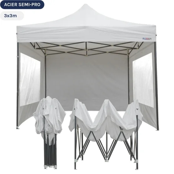 Tente Pliante Tonnelle Acier Semi Pro 3mx3m BLANC avec Pack Fenêtres Tente Pliante Tonnelle Acier Semi Pro 3mx3m BLANC avec Pack Fenêtres