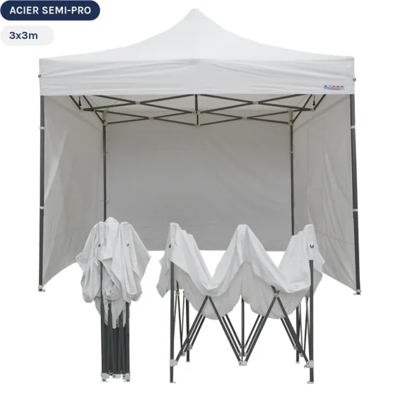 Tente Pliante Tonnelle Acier Semi Pro 3mx3m BLANC avec Pack 4 Côtés