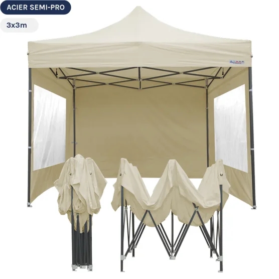 Tente Pliante Tonnelle Acier Semi Pro 3mx3m BEIGE avec Pack Fenêtres