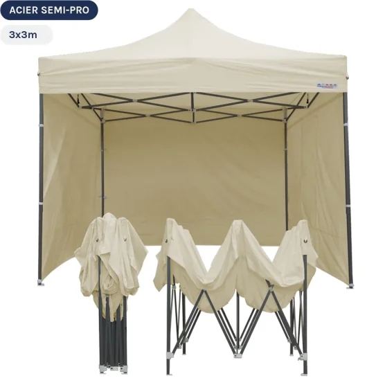 Tente Pliante Tonnelle Acier Semi Pro 3mx3m BEIGE avec Pack 4 Côtés