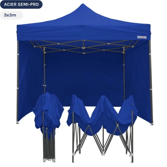 Tente Pliante Tonnelle Acier Semi Pro 3mx3m BLEU avec Pack 4 Côtés