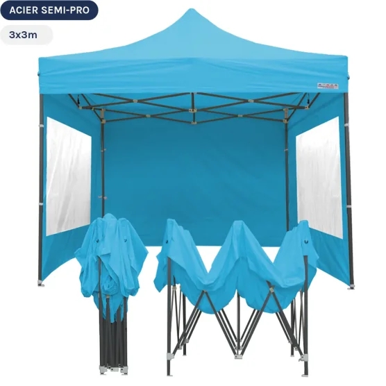 Tente Pliante - Tonnelle Acier Semi Pro 3mx3m BLEU AZUR avec Pack Fenêtres Tente Pliante - Tonnelle Acier Semi Pro 3mx3m BLEU AZUR avec Pack Fenêtres