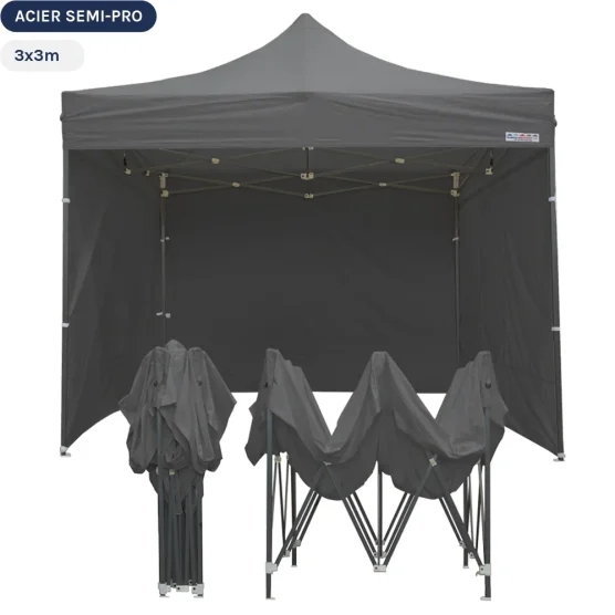Tente Pliante Tonnelle Acier Semi Pro 3mx3m GRIS avec Pack 4 Côtés