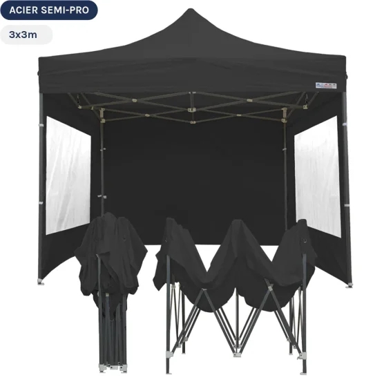 Tente Pliante - Tonnelle Acier Semi Pro 3mx3m NOIR avec Pack Fenêtres