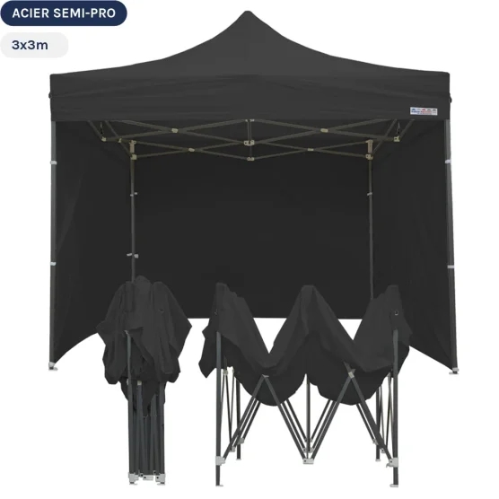 Tente Pliante Tonnelle Acier Semi Pro 3mx3m NOIR avec Pack 4 Côtés Tente Pliante Tonnelle Acier Semi Pro 3mx3m NOIR avec Pack 4 Côtés