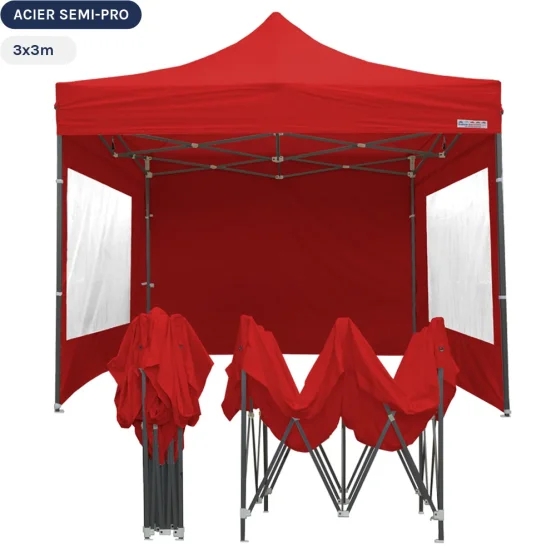 Tente Pliante - Tonnelle Acier Semi Pro 3mx3m ROUGE avec Pack Fenêtres