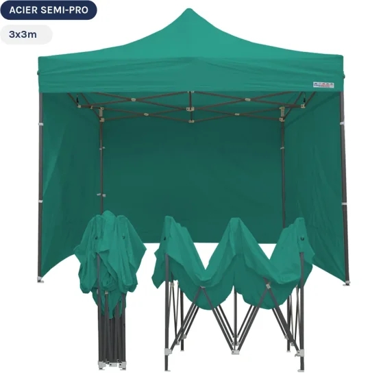 Tente Pliante Tonnelle Acier Semi Pro 3mx3m VERT EMERAUDE avec Pack 4 Côtés
