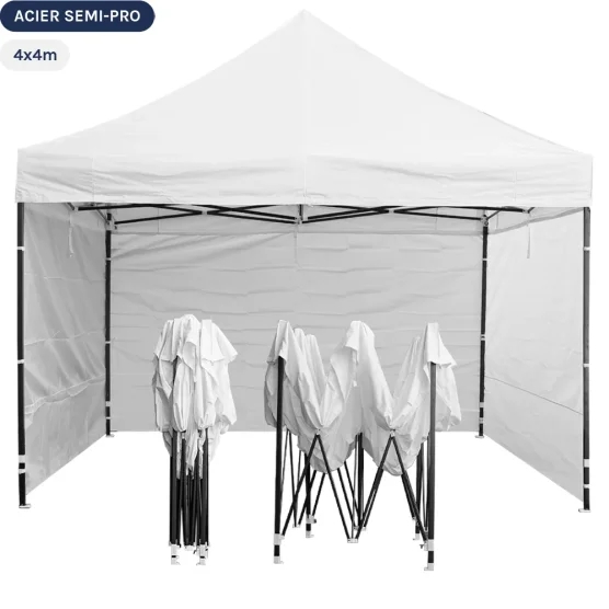 Tente Pliante Tonnelle Acier Semi Pro 4mx4m BLANC avec Pack Murs