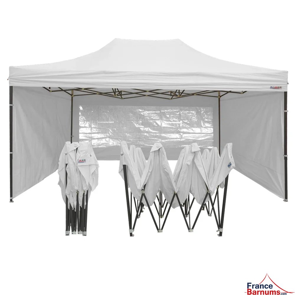 Tente Pliante Tonnelle Acier Semi Pro 3mx4,5m BLANC avec Pack Fenêtres