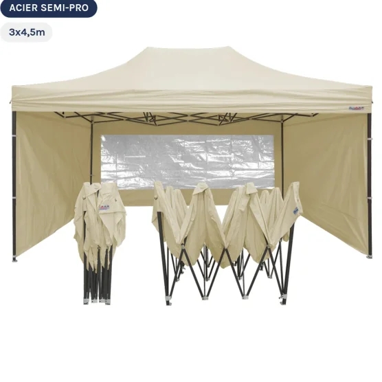 Tente Pliante Tonnelle Acier Semi Pro 3mx4,5m BEIGE avec Pack Fenêtres Tente Pliante Tonnelle Acier Semi Pro 3mx4,5m BEIGE avec Pack Fenêtres
