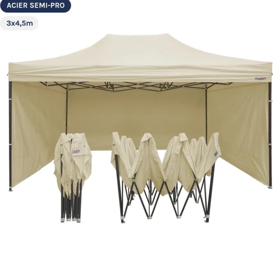Tente Pliante Tonnelle Acier Semi Pro 3mx4,5m BEIGE avec Pack 4 Côtés