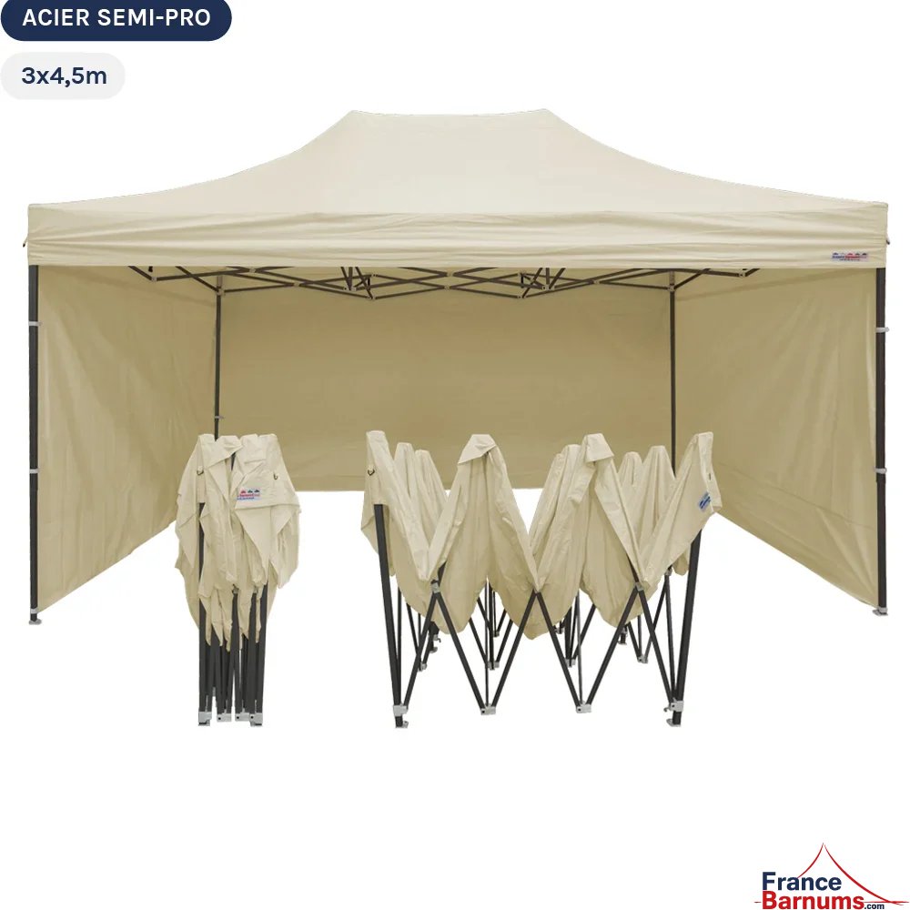 Tente Pliante Tonnelle Acier Semi Pro 3mx4,5m BEIGE avec Pack 4 Côtés
