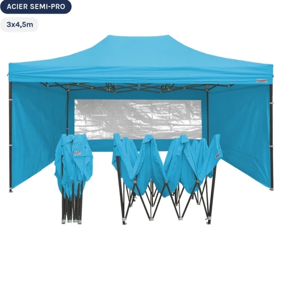 Tente Pliante Tonnelle Acier Semi Pro 3mx4,5m BLEU AZUR avec Pack Fenêtres Tente Pliante Tonnelle Acier Semi Pro 3mx4,5m BLEU AZUR avec Pack Fenêtres