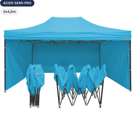Tente Pliante Tonnelle Acier Semi Pro 3mx4,5m BLEU AZUR avec Pack 4 Côtés Tente Pliante Tonnelle Acier Semi Pro 3mx4,5m BLEU AZUR avec Pack 4 Côtés