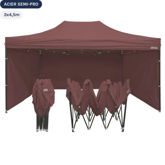 Tente Pliante Tonnelle Acier Semi Pro 3mx4,5m BRUN CACAO avec Pack 4 Côtés