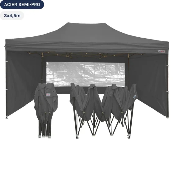 Tente Pliante Tonnelle Acier Semi Pro 3mx4,5m GRIS avec Pack Fenêtres Tente Pliante Tonnelle Acier Semi Pro 3mx4,5m GRIS avec Pack Fenêtres